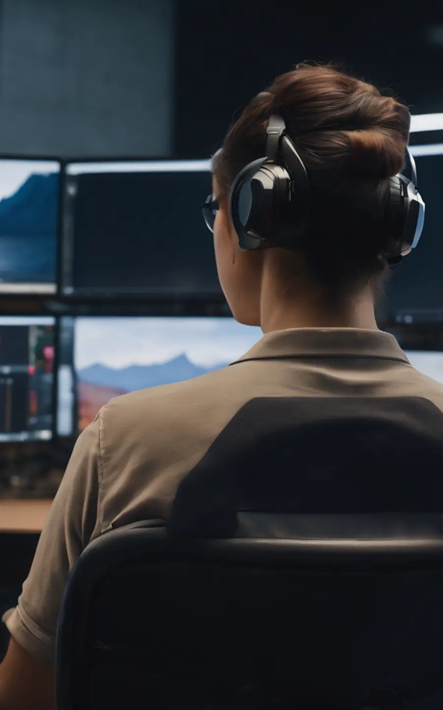 A professional monitoring multiple screens while wearing headphones in a modern control room setting
