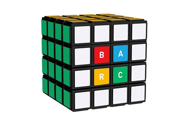 3D illustrated Rubik’s Cube with the letters B, A, R, C in red, blue, yellow and green colors respectively on a white background, representing the Broadcast Audience Research Council